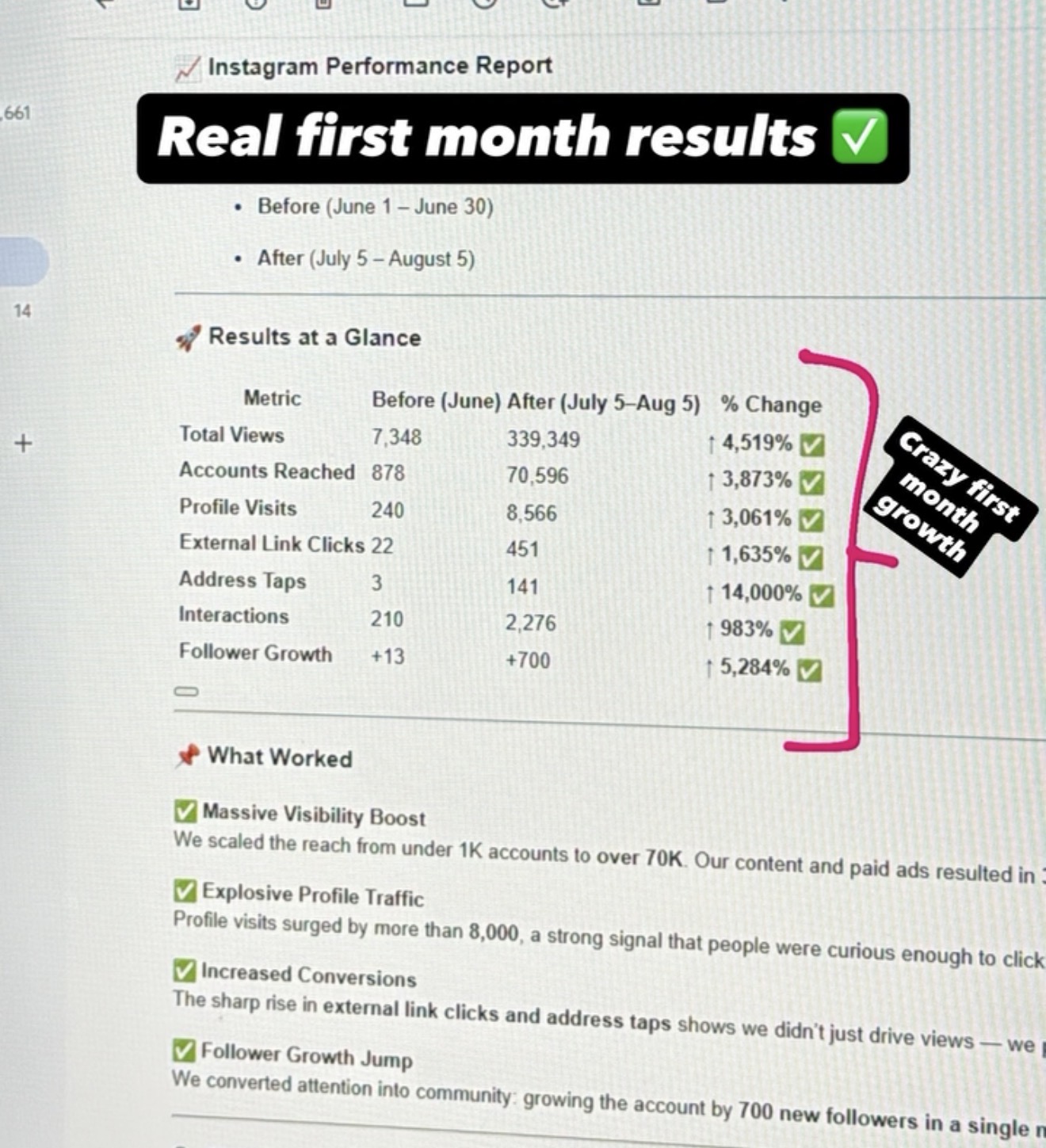 Screenshot of Magpie Bakery's Instagram analytics for one month, showing over 339 thousand views