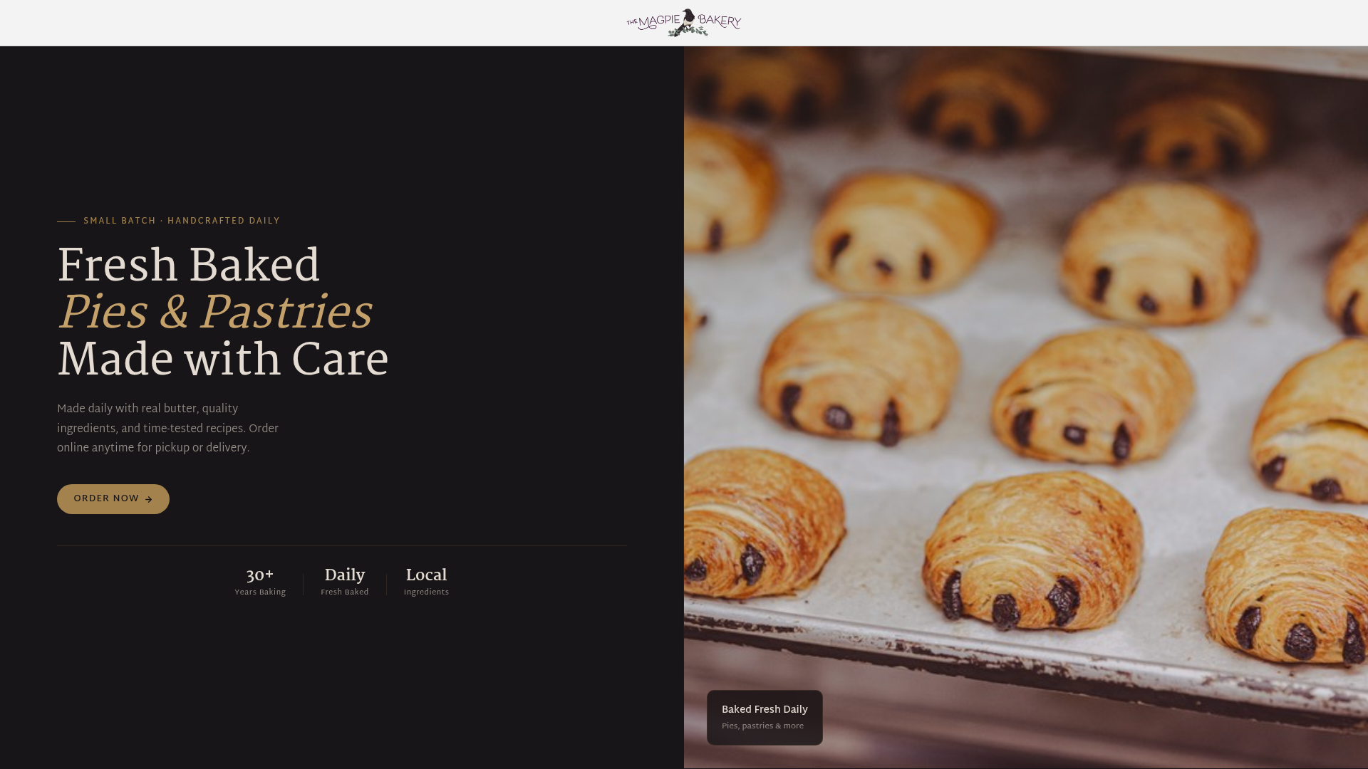 Design mockup of the Magpie Bakery website