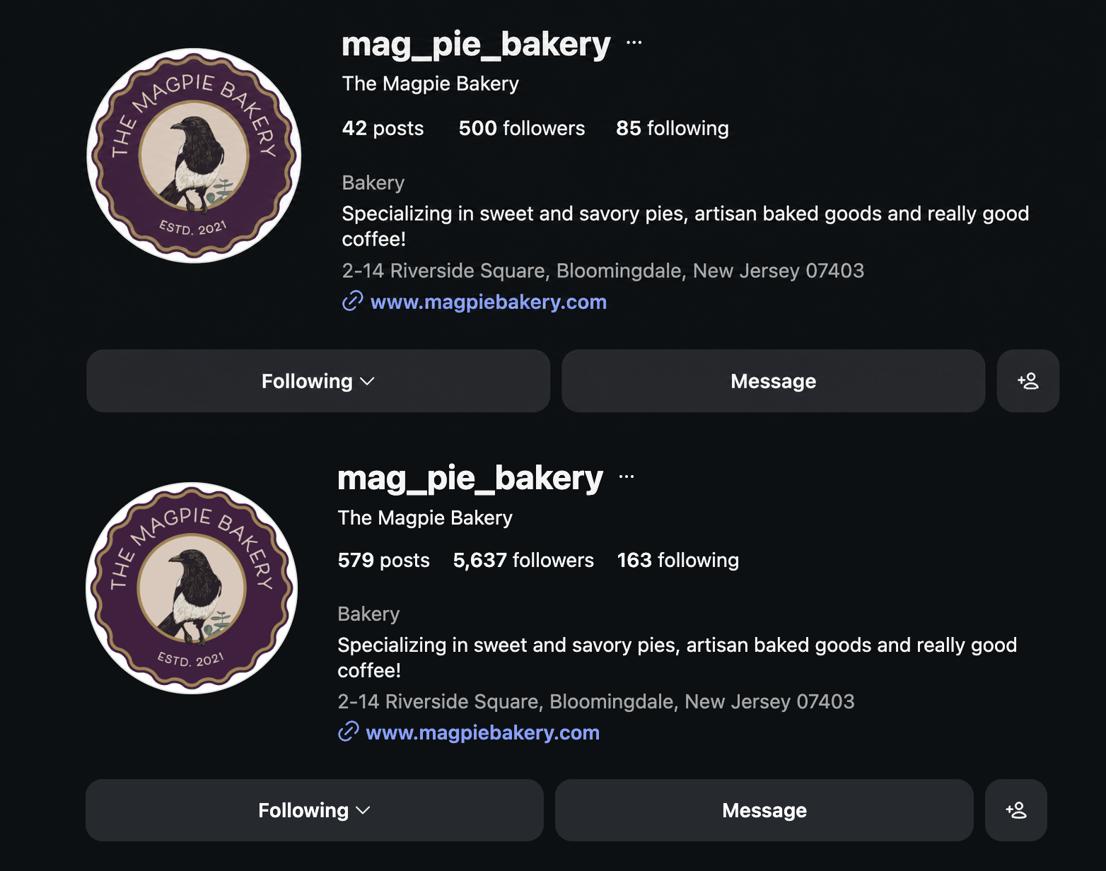 Screenshot comparing the Magpie Bakery Instagram profile before and after the content system