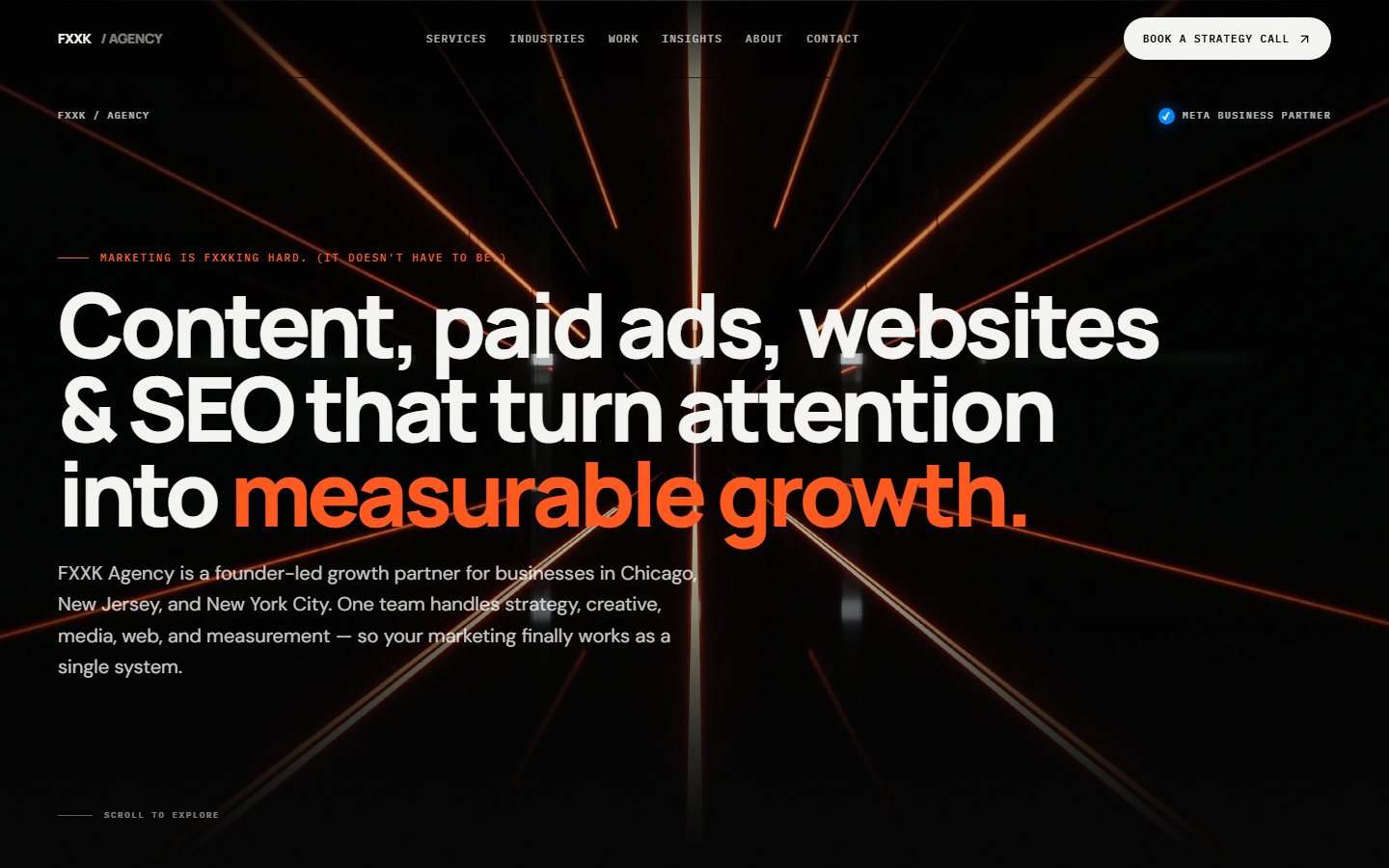 FXXK Agency website homepage with a cinematic dark tunnel interface